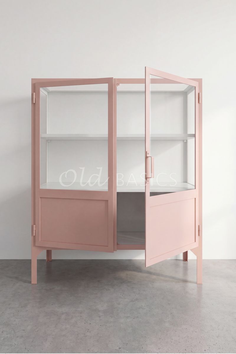 Detail van Apothekerskast Vitrine Powder Peach, 2 deuren, roze, materiaal staal
